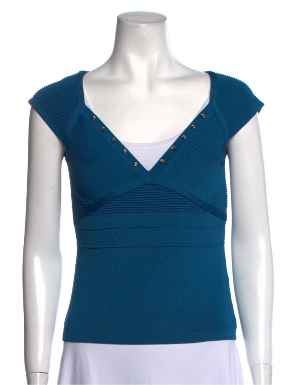 Versace Collection Teal V-Neck Short Sleeve Studded Top IT40